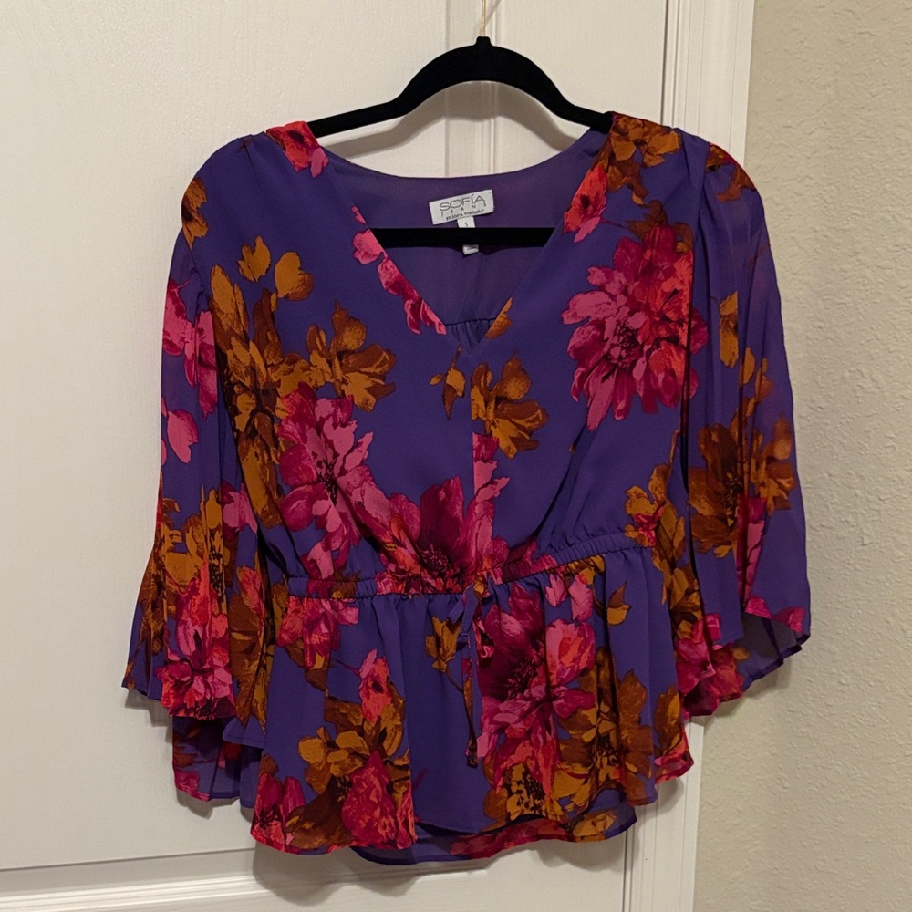 sofia by sofia vergara Purple Floral Peplum Wrap Blouse